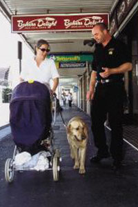 Ian with a new mum walking with her baby & companion dog.